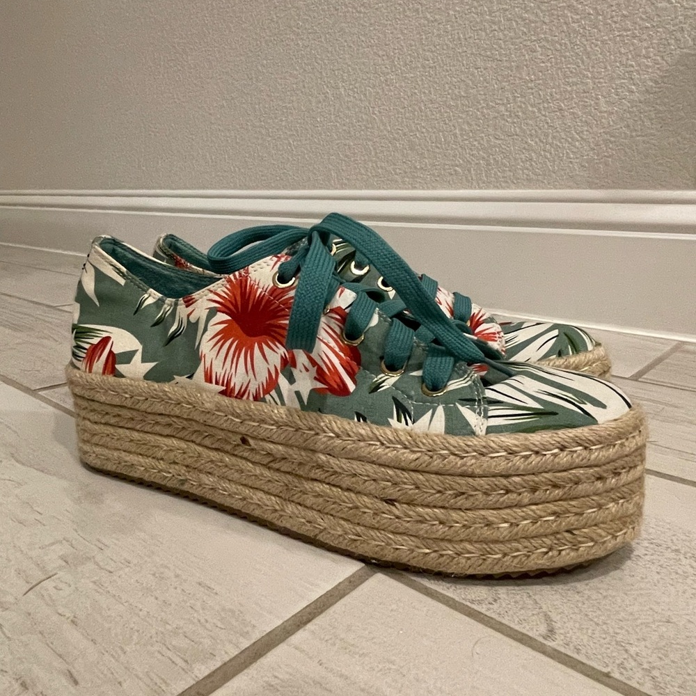Vintage Havana Green Floral/Tropical Espadrille Platform Sneakers - size 8.5 - Picture 2 of 7